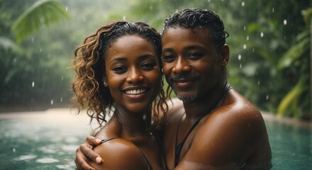 Happy smilling senior black couple hugging enjoys swimming pool in raining jungle