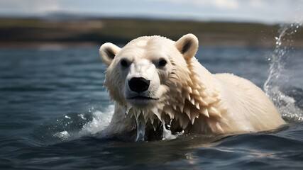 A polar bear is swimming in a body of water, with its head above the water and spraying water from its mouth. The bear appears to be enjoying itself as it splashes around. - Powered by Adobe
