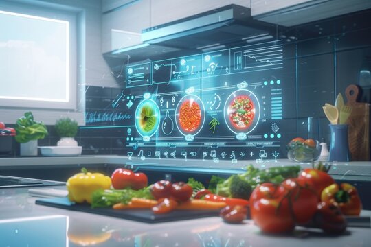 Modern Kitchen with Holographic Food Analysis and Futuristic Cooking Technology