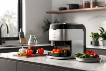 Stylish air fryer cooking bell peppers and broccoli in a well-lit modern kitchen.