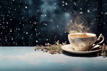 Snowflakes falling into a steaming cup of herbal tea, set against a snowy background