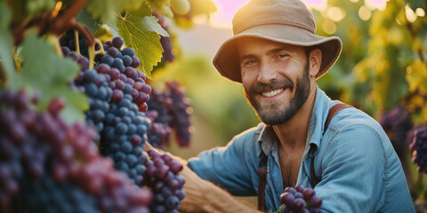 A smiling vintner in a hat is tending to grapevines during the golden hour in a vineyard.  