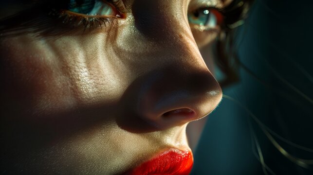 Close-Up Portrait of Woman with Red Lipstick in Dramatic Light