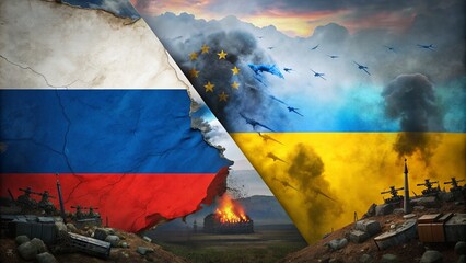 Russia and Ukraine Flags Clash with Crack and Conflict