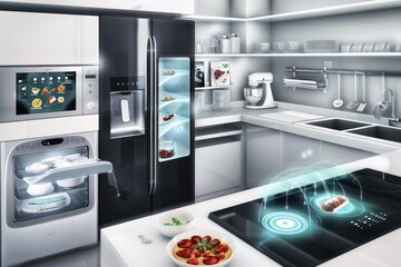 Concept kitchen with futuristic appliances and interactive cooking interfaces.