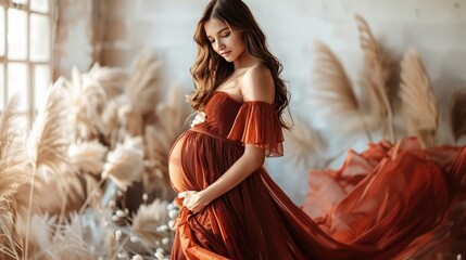 Elegant Pregnant Woman in Flowing Red Dress with Natural Backdrop