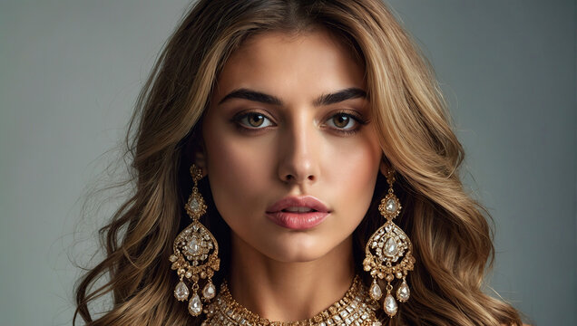Close up portrait of a beautiful woman with wearing gold diamond ornaments jewelry. commercial photo, glamorous portrait, Generative AI
