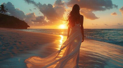Elegant Woman in White Dress Walking on Sandy Beach at Sunset