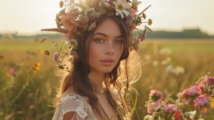Ethereal Woman Adorned with Floral Crown in Golden Hour Field
