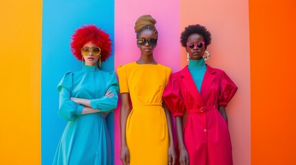 Fashionable Women in Colorful Outfits Posing by Vibrant Background