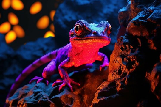 Under UV light, a gecko with vibrant neon colors sits on a lava rock