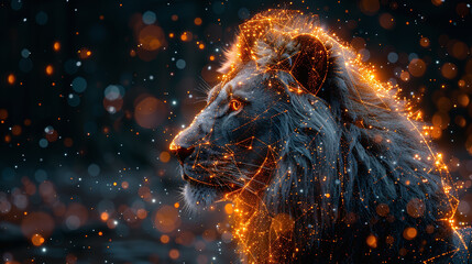 lion in energy fractal design - obrazy, fototapety, plakaty