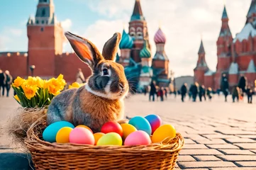 Zelfklevend Fotobehang A cute rabbit is sitting next to a basket with colorful eggs. Easter in different cities of the world. moscow © Yulia