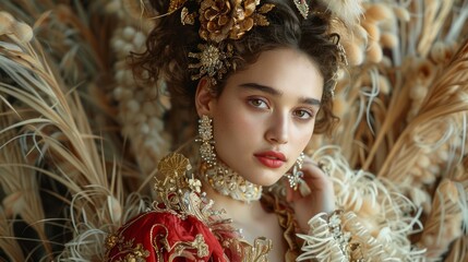 Regal Woman in Luxurious Golden Baroque Costume with Elaborate Hairstyle