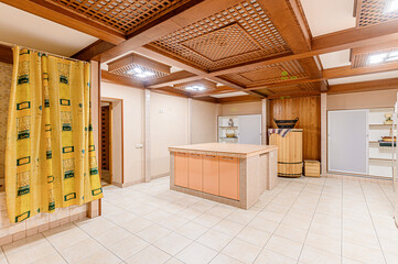 interior kitchen and dining room, refectory area, cooking equipment, table furniture, stove