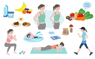 ダイエットする女性：野菜中心の食事、無脂肪、低脂肪の食材、体幹を鍛える運動のイラストセット（英語版）