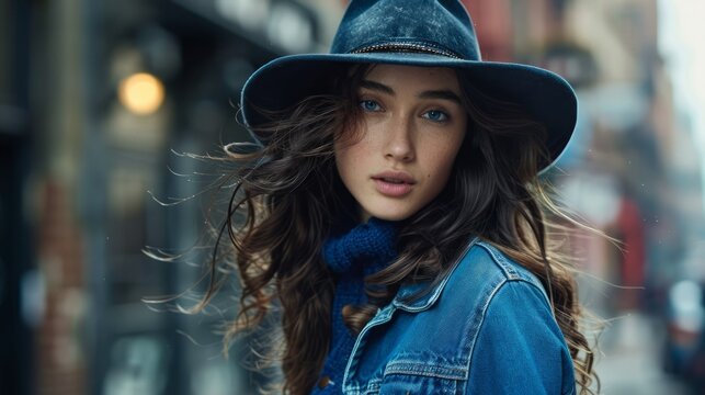 Stylish Young Woman in Blue Denim Jacket and Fashionable Hat on City Street