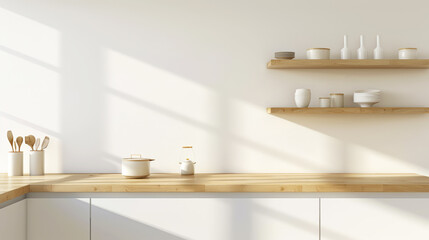 Wooden white scandinavian kitchen storage organization. Perfect open shelves in light modern kitchen. Generative AI