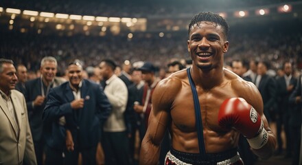 Boxing man in a boxing uniform rejoices after winning a tournament in a stadium filled with spectators - obrazy, fototapety, plakaty