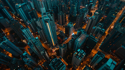 An aerial view of a bustling cityscape at dusk with lights beginning to twinkle in the buildings. - obrazy, fototapety, plakaty
