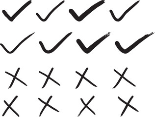 Hand drawn doodle sketch style vector. doodle effect stain collection. tick and cross signs, Vote, yes, no, checkbox, checklist