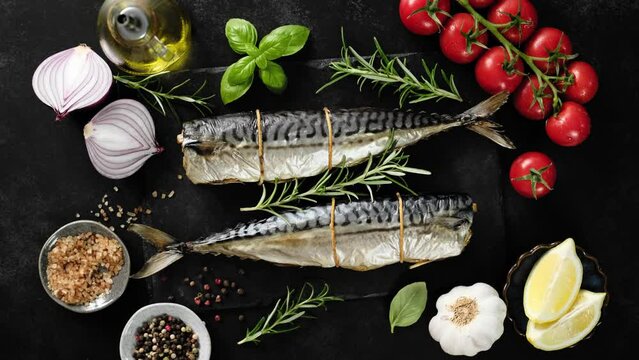 Baked mackerels. Seafood stock footage video 4k