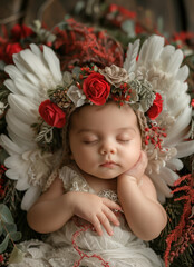 Cupid's Slumber: Newborn Angel in Floral Crown