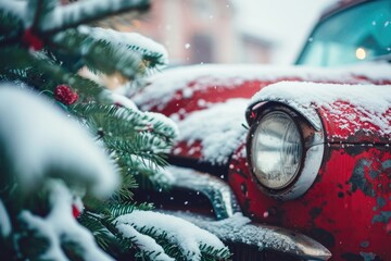 Festive Delivery: Snow-Covered Car with Christmas Decorations and Evergreen Tree
