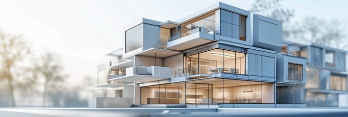 Contemporary Townhouse Blueprint and Model Banner with Copyspace for Text