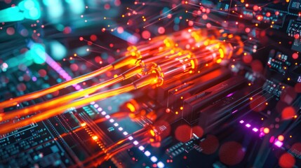 Fiber optics carry data to computer hardware, technology in modern communication and connectivity.