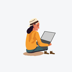 Fototapeta na wymiar Tech-Savvy Girl: Vector Illustration of a Woman Engaged with Laptop | Digital Nomad Concept Art