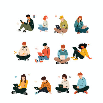People sitting on floor using digital devices flat