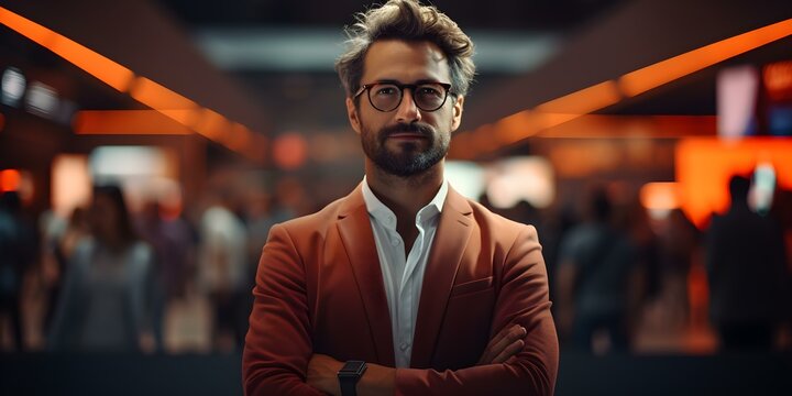 Confident man in glasses at a tech expo. Concept Technology, Glasses, Confident, Business, Expo