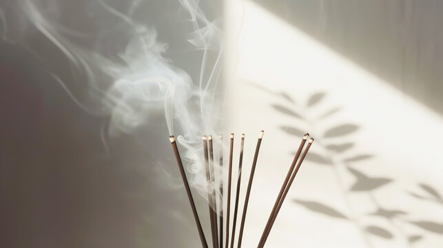 Aesthetic incense sticks with smoke on a light sunny background. Spa meditation concept. Copy space. Generative AI