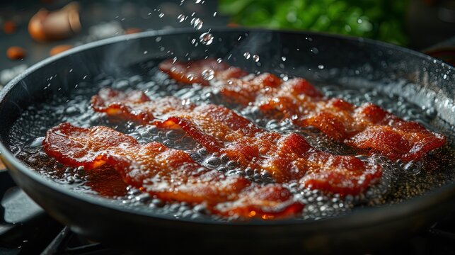 Crispy bacon strips gracefully flipping out of a pan, leaving a trail of savory aroma in their wak