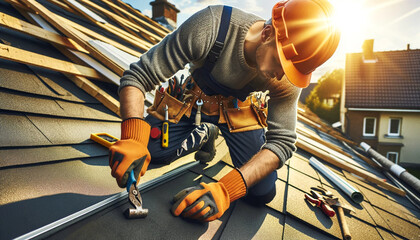 Concentrated worker installing shingles on the roof - obrazy, fototapety, plakaty