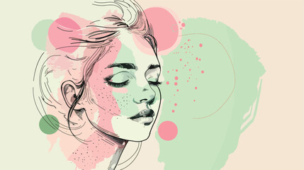 Dreamy beautiful girl line art drawing with abstract