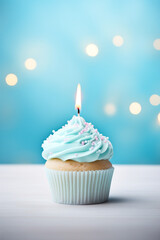 cute cupcake with one birthday candle, photograph, fun light background сreated with Generative Ai