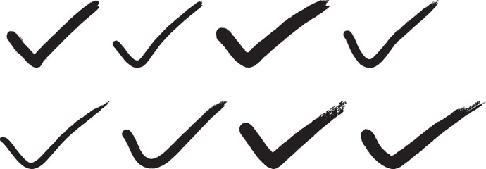 check mark icon. Hand drawn check and arrows signs. doodle effect stain collection. Chalk texture stain set. Doodle check marks. Hand drawn checkbox, examination mark and checklist marks design