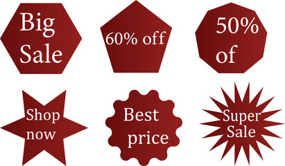 Red geometric shapes, sale tags, discount labels, hexagon star burst designs, white background, typography, percentage off, shop now text, best price text,
