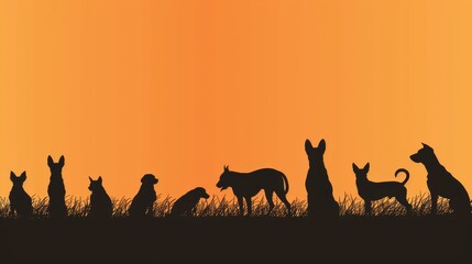 Group of Dogs Silhouetted Against Orange Sky