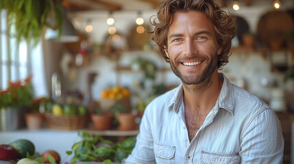 Fototapeta premium Home Office : Happy young man looking while using laptop at cozy home office.bright white tone.