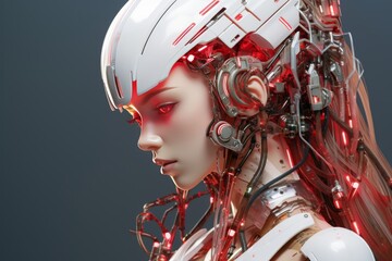 Detailed portrait of woman robot in white and red, futuristic look on gradient background