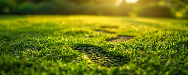 Fotobehang Footprints imprinted on a lush grassy surface, lit by the golden rays of a setting sun. © Meta
