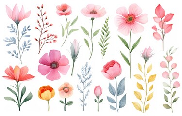  watercolor cartoon illustration, cute flower cosmos and daisy collection set , white background, Generative Ai