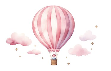  watercolor cartoon illustration, cute pink hot air balloon , white background, Generative Ai