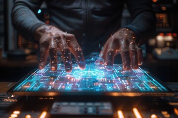 Hands working on a futuristic tablet with a glowing screen. Technology and data transaction concept.