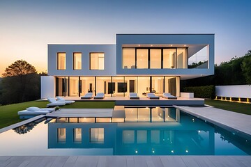 Exterior of modern minimalist cubic villa with swimming pool at sunset.