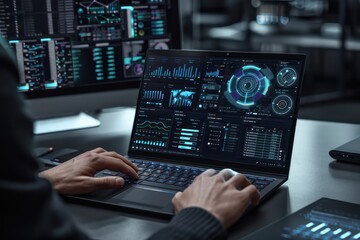 Hands working on a laptop. Data communication and technology concept.