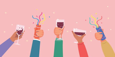 Happy people celebrating birthday party, Hand with champagne for celebration. People Toasting With Wine Or Champagne. - obrazy, fototapety, plakaty